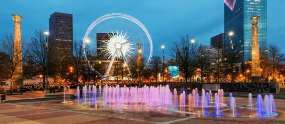 atlanta centennial park lit up at night